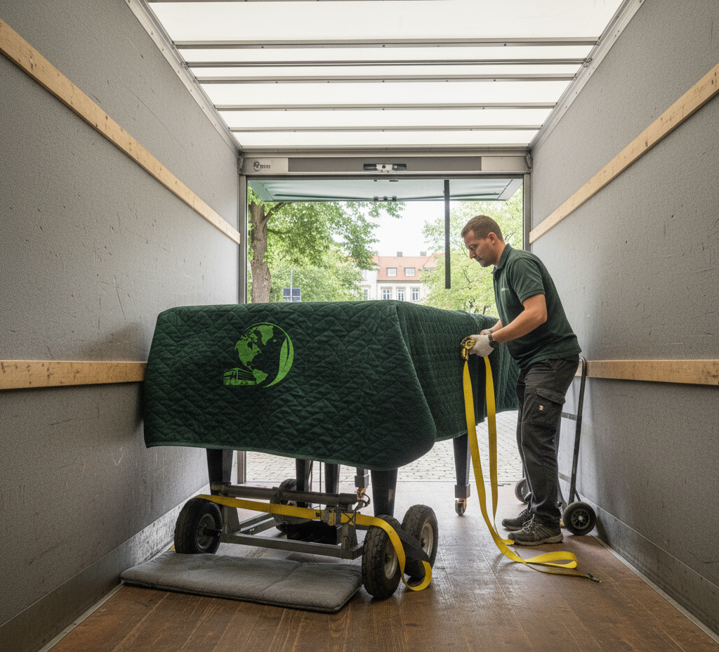 a man holding a green blanket in a trailer